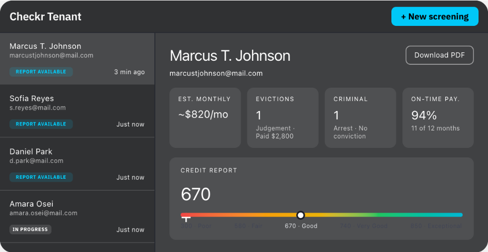 Checkr Tenant dashboard preview showing a tenant report with credit score, eviction history, criminal records, and on-time payment percentage