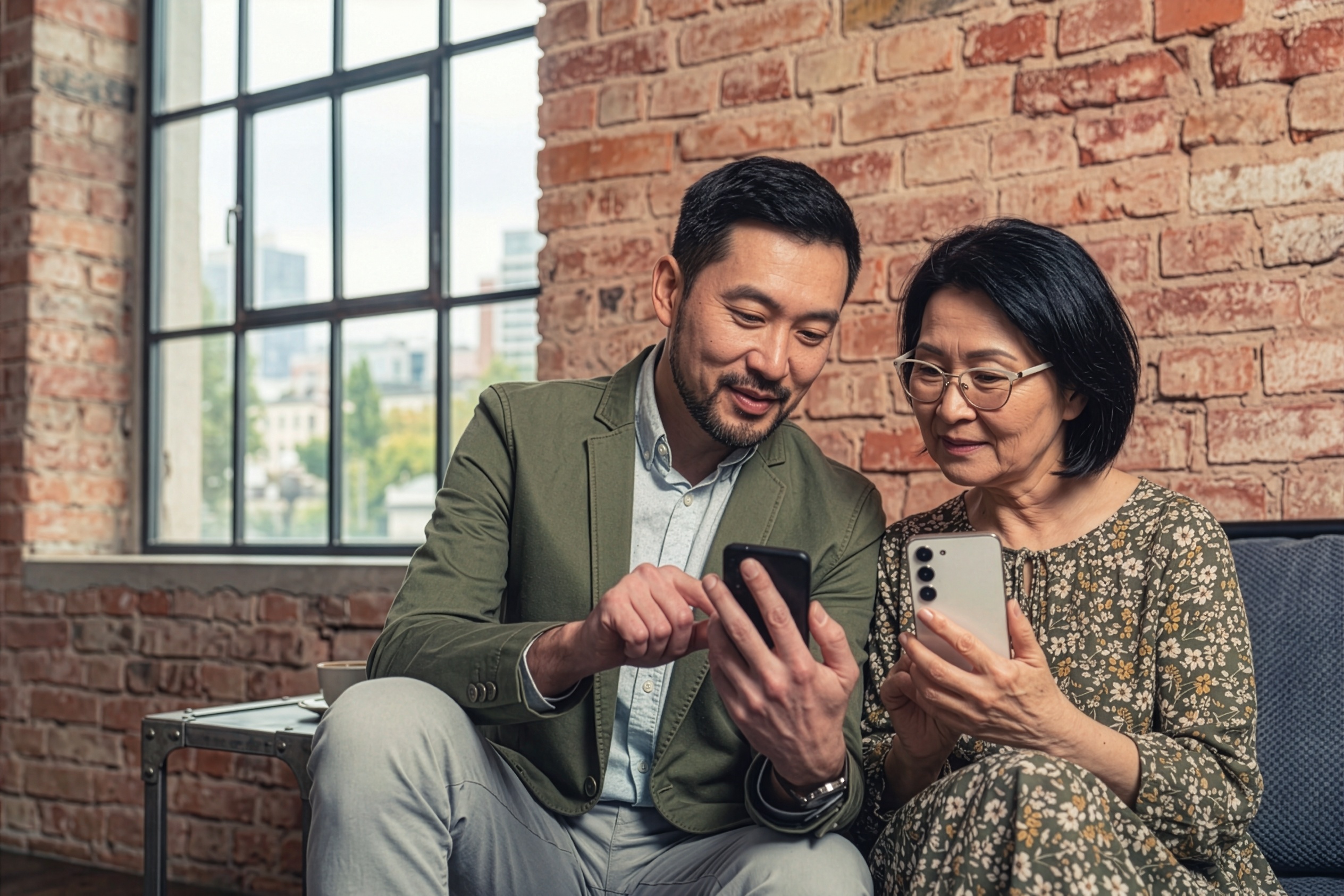 Two people smiling while reviewing a screening report together on their phones